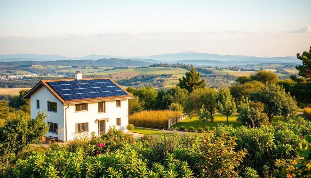 A lush, vibrant landscape showcasing the benefits of green energy for the home. In the foreground, a modern, energy-efficient house with solar panels adorning the roof, casting a warm glow. In the middle ground, a flourishing garden with thriving plants and trees, symbolizing the environmental impact. The background depicts a picturesque horizon with rolling hills and a bright, cloudless sky, conveying a sense of tranquility and sustainability. The lighting is natural and diffused, creating a soft, inviting atmosphere. The composition is balanced, with a harmonious blend of natural and man-made elements, highlighting the integration of green energy solutions into the domestic sphere.