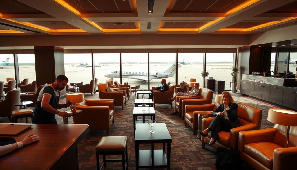 A luxurious airport lounge with plush leather armchairs and mahogany side tables. Soft lighting casts a warm glow, creating a serene and inviting atmosphere. Large windows offer a panoramic view of the tarmac, where private jets are parked. In the foreground, a bartender is preparing a crafted cocktail, while in the middle ground, well-dressed travelers recline, sipping drinks and enjoying light bites. The background features discreet concierge desks and tasteful decor, exuding an air of exclusivity and sophistication. This high-end lounge experience evokes a sense of relaxation and elevated travel, catering to the discerning tastes of the Sapphire Reserve cardholder. A luxurious airport lounge with plush leather armchairs and mahogany side tables. Soft lighting casts a warm glow, creating a serene and inviting atmosphere. Large windows offer a panoramic view of the tarmac, where private jets are parked. In the foreground, a bartender is preparing a crafted cocktail, while in the middle ground, well-dressed travelers recline, sipping drinks and enjoying light bites. The background features discreet concierge desks and tasteful decor, exuding an air of exclusivity and sophistication. This high-end lounge experience evokes a sense of relaxation and elevated travel, catering to the discerning tastes of the Sapphire Reserve cardholder.