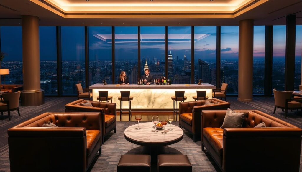 A luxurious and exclusive lounge set in a modern, sophisticated ambiance. In the foreground, plush leather armchairs and couches invite guests to relax and enjoy bespoke cocktails and gourmet hors d'oeuvres served by attentive concierge staff. The middle ground features a sleek, marble-topped bar illuminated by soft, warm lighting, while the background showcases floor-to-ceiling windows offering breathtaking city skyline views. The overall atmosphere exudes a sense of refined elegance and personalized, high-end experiences tailored to discerning American Express Platinum cardholders. A luxurious and exclusive lounge set in a modern, sophisticated ambiance. In the foreground, plush leather armchairs and couches invite guests to relax and enjoy bespoke cocktails and gourmet hors d'oeuvres served by attentive concierge staff. The middle ground features a sleek, marble-topped bar illuminated by soft, warm lighting, while the background showcases floor-to-ceiling windows offering breathtaking city skyline views. The overall atmosphere exudes a sense of refined elegance and personalized, high-end experiences tailored to discerning American Express Platinum cardholders.
