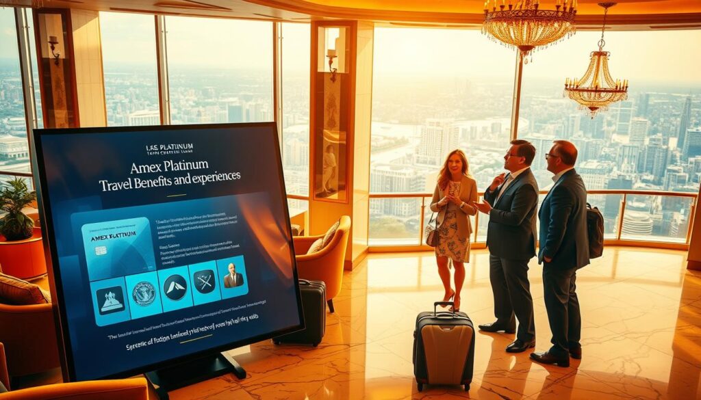 A luxurious travel experience unfolds, captured in a vibrant, high-resolution image. The foreground showcases an elegant, well-appointed hotel lobby, with plush seating, ornate chandeliers, and marble floors gleaming under warm, inviting lighting. In the middle ground, a group of well-dressed travelers converse animatedly, gesturing towards a large, interactive display that showcases exclusive Amex Platinum travel benefits and experiences. The background is a panoramic view of a bustling city skyline, hinting at the global reach and prestige of the Amex Platinum brand. The overall scene conveys a sense of exclusivity, refined sophistication, and the promise of extraordinary travel opportunities. A luxurious travel experience unfolds, captured in a vibrant, high-resolution image. The foreground showcases an elegant, well-appointed hotel lobby, with plush seating, ornate chandeliers, and marble floors gleaming under warm, inviting lighting. In the middle ground, a group of well-dressed travelers converse animatedly, gesturing towards a large, interactive display that showcases exclusive Amex Platinum travel benefits and experiences. The background is a panoramic view of a bustling city skyline, hinting at the global reach and prestige of the Amex Platinum brand. The overall scene conveys a sense of exclusivity, refined sophistication, and the promise of extraordinary travel opportunities.