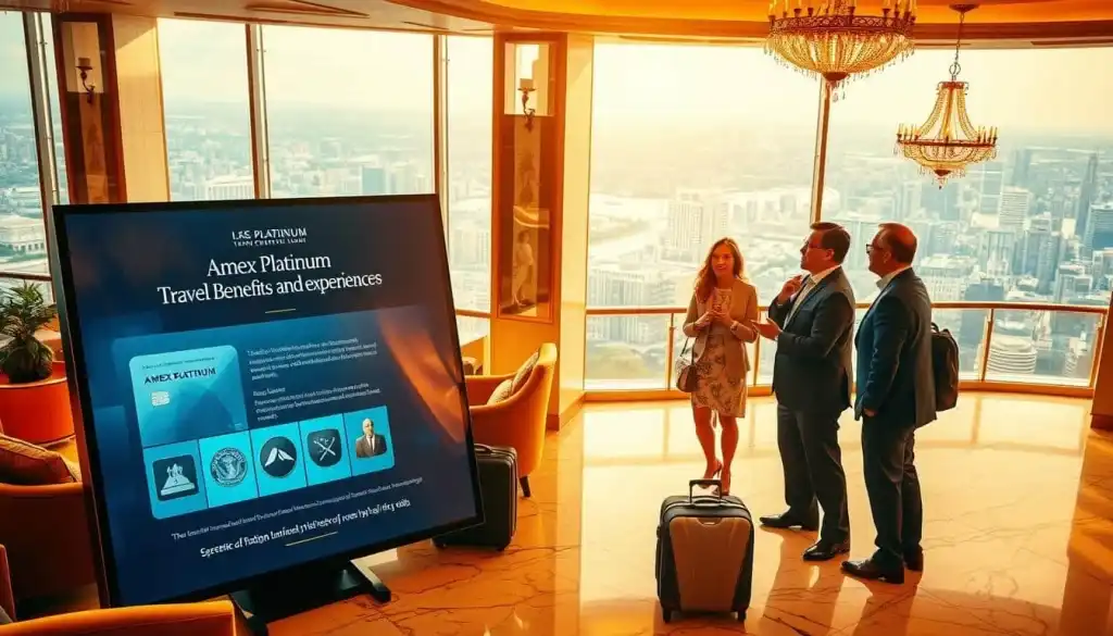 A luxurious travel experience unfolds, captured in a vibrant, high-resolution image. The foreground showcases an elegant, well-appointed hotel lobby, with plush seating, ornate chandeliers, and marble floors gleaming under warm, inviting lighting. In the middle ground, a group of well-dressed travelers converse animatedly, gesturing towards a large, interactive display that showcases exclusive Amex Platinum travel benefits and experiences. The background is a panoramic view of a bustling city skyline, hinting at the global reach and prestige of the Amex Platinum brand. The overall scene conveys a sense of exclusivity, refined sophistication, and the promise of extraordinary travel opportunities. A luxurious travel experience unfolds, captured in a vibrant, high-resolution image. The foreground showcases an elegant, well-appointed hotel lobby, with plush seating, ornate chandeliers, and marble floors gleaming under warm, inviting lighting. In the middle ground, a group of well-dressed travelers converse animatedly, gesturing towards a large, interactive display that showcases exclusive Amex Platinum travel benefits and experiences. The background is a panoramic view of a bustling city skyline, hinting at the global reach and prestige of the Amex Platinum brand. The overall scene conveys a sense of exclusivity, refined sophistication, and the promise of extraordinary travel opportunities.