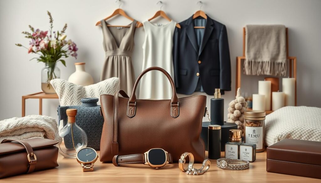 A meticulously arranged still life showcasing a diverse array of high-quality products from Temu. In the foreground, a luxurious leather handbag, a sleek smartwatch, and a set of elegant jewelry pieces catch the eye. The middle ground features a selection of trendy apparel, including a stylish dress and a well-tailored suit. In the background, a curated display of home decor items, such as a vase of fresh flowers, a plush throw blanket, and a set of artisanal candles, creates a warm and inviting atmosphere. Soft, even lighting illuminates the scene, highlighting the craftsmanship and attention to detail in each product. The overall composition conveys a sense of accessible luxury, showcasing the wide range of high-quality, affordable items available on the Temu platform. A meticulously arranged still life showcasing a diverse array of high-quality products from Temu. In the foreground, a luxurious leather handbag, a sleek smartwatch, and a set of elegant jewelry pieces catch the eye. The middle ground features a selection of trendy apparel, including a stylish dress and a well-tailored suit. In the background, a curated display of home decor items, such as a vase of fresh flowers, a plush throw blanket, and a set of artisanal candles, creates a warm and inviting atmosphere. Soft, even lighting illuminates the scene, highlighting the craftsmanship and attention to detail in each product. The overall composition conveys a sense of accessible luxury, showcasing the wide range of high-quality, affordable items available on the Temu platform.