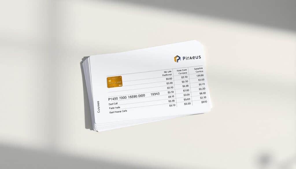 A meticulously designed credit card statement layout, showcasing the various costs and fees associated with the Piraeus Visa Gold card. A clean, minimalist design features a stacked arrangement of neatly organized financial details, presented against a muted background with a subtle play of light and shadow. The layout conveys a sense of professionalism and attention to detail, inviting the viewer to carefully examine the breakdown of the card's expenses. The overall aesthetic strikes a balance between information density and visual clarity, creating an image that is both informative and visually appealing. A meticulously designed credit card statement layout, showcasing the various costs and fees associated with the Piraeus Visa Gold card. A clean, minimalist design features a stacked arrangement of neatly organized financial details, presented against a muted background with a subtle play of light and shadow. The layout conveys a sense of professionalism and attention to detail, inviting the viewer to carefully examine the breakdown of the card's expenses. The overall aesthetic strikes a balance between information density and visual clarity, creating an image that is both informative and visually appealing.