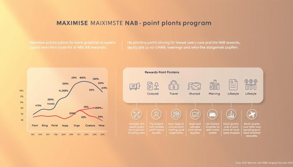 A meticulously designed infographic showcasing various strategies to maximize NAB (National Australia Bank) rewards points accumulation. The foreground features a dynamic visualization of points accrual through diverse financial activities like spending, saving, and investment. The middle ground depicts icons representing key categories like travel, shopping, and lifestyle, highlighting optimal point-earning opportunities. The background showcases a sleek, minimalist layout with a subtle gradient, complementing the modern, sophisticated aesthetic. Warm, directional lighting casts subtle shadows, creating depth and emphasizing the infographic's clarity. The overall composition conveys a sense of efficiency, organization, and the potential to unlock maximum value from the NAB rewards program. A meticulously designed infographic showcasing various strategies to maximize NAB (National Australia Bank) rewards points accumulation. The foreground features a dynamic visualization of points accrual through diverse financial activities like spending, saving, and investment. The middle ground depicts icons representing key categories like travel, shopping, and lifestyle, highlighting optimal point-earning opportunities. The background showcases a sleek, minimalist layout with a subtle gradient, complementing the modern, sophisticated aesthetic. Warm, directional lighting casts subtle shadows, creating depth and emphasizing the infographic's clarity. The overall composition conveys a sense of efficiency, organization, and the potential to unlock maximum value from the NAB rewards program.