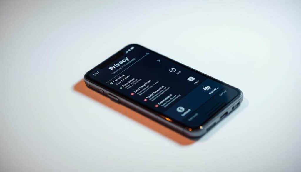 A minimalist mobile device resting on a clean, white surface, surrounded by a soft glow of privacy-focused icons and symbols. The screen displays a custom privacy dashboard, showcasing various settings and controls for managing data permissions, encryption, and secure communications. Subtle shadows and carefully placed highlights create a sense of depth and focus, drawing the viewer's attention to the device's protective measures. The overall mood is one of digital serenity and a reassuring sense of control over one's online privacy.
