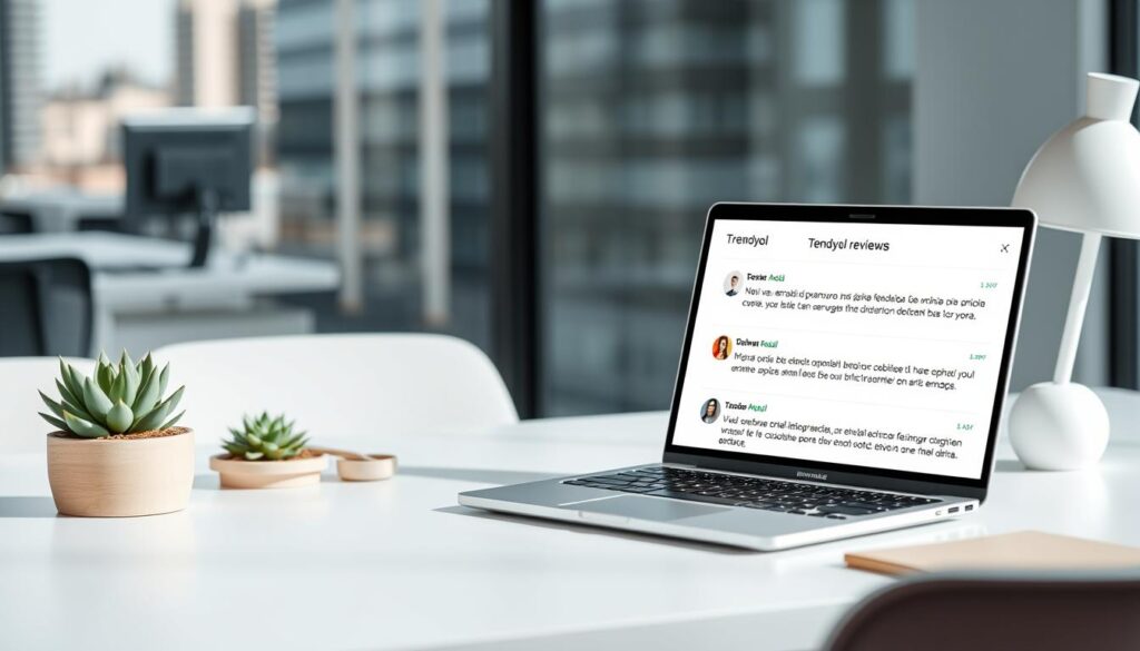 A modern and minimalist desktop scene showcasing user reviews for Trendyol. In the foreground, a laptop displays several customer feedback comments in Greek, reflecting the section title "Σχόλια και αξιολογήσεις χρηστών". The laptop is set on a clean, white table with a succulent plant, neutral accessories, and a cool-toned, natural lighting setup. In the background, a blurred cityscape or office environment hints at the Trendyol brand's online shopping and educational focus. The overall mood is professional, crisp, and welcoming, inviting the viewer to explore the user opinions featured. A modern and minimalist desktop scene showcasing user reviews for Trendyol. In the foreground, a laptop displays several customer feedback comments in Greek, reflecting the section title "Σχόλια και αξιολογήσεις χρηστών". The laptop is set on a clean, white table with a succulent plant, neutral accessories, and a cool-toned, natural lighting setup. In the background, a blurred cityscape or office environment hints at the Trendyol brand's online shopping and educational focus. The overall mood is professional, crisp, and welcoming, inviting the viewer to explore the user opinions featured.