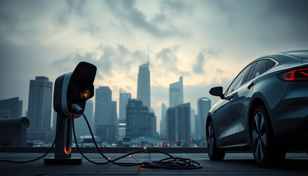 A modern city skyline at dusk, with towering skyscrapers and bustling streets. In the foreground, an electric vehicle is parked, its charging port open and a cable snaking across the ground. The vehicle's exterior appears sleek and futuristic, but there is a sense of unease, with faint sparks of electricity visible and the charging cable appearing to be tangled and cumbersome. In the background, a hazy, smog-filled sky casts a gloomy atmosphere, hinting at the limitations and challenges faced by electric vehicles in urban environments. The scene is captured with a cinematic, moody lighting, creating a thought-provoking and visually striking image that reflects the complexities and constraints of electric vehicle technology.
