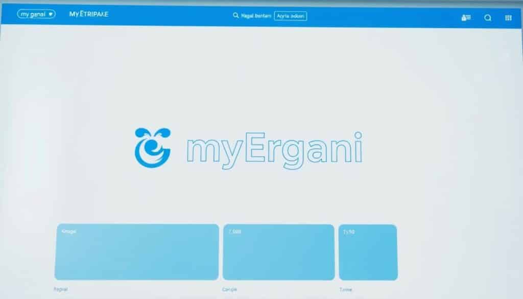 A modern, clean interface with the Greek text "λειτουργία myErgani" prominently displayed in the center. The interface has a sleek, minimalist design with shades of blue and white, reflecting the professional and governmental nature of the subject. The layout is well-structured, with clear sections and intuitive navigation. The overall atmosphere is one of digital efficiency and user-friendly accessibility, conveying the idea of a streamlined, government-provided business management system. The scene is lit by soft, indirect lighting, creating a calm and inviting ambiance. The camera angle is slightly elevated, giving a birds-eye view of the interface and conveying a sense of oversight and control.