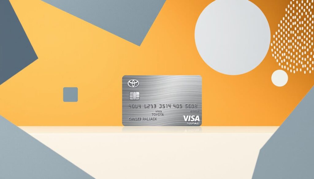 A modern, minimalist composition showcasing a sleek Toyota Visa credit card against a warm, neutral background. The card is prominently displayed, with a subtle gradient or texture to highlight its metallic finish. Surrounding the card are various geometric shapes and patterns in shades of gray, blue, and white, creating a sense of dynamic movement and visual interest. The overall atmosphere is clean, sophisticated, and focused on the key elements of the Toyota Visa card and the accumulation of rewards points, conveying a sense of financial organization and responsible consumption.