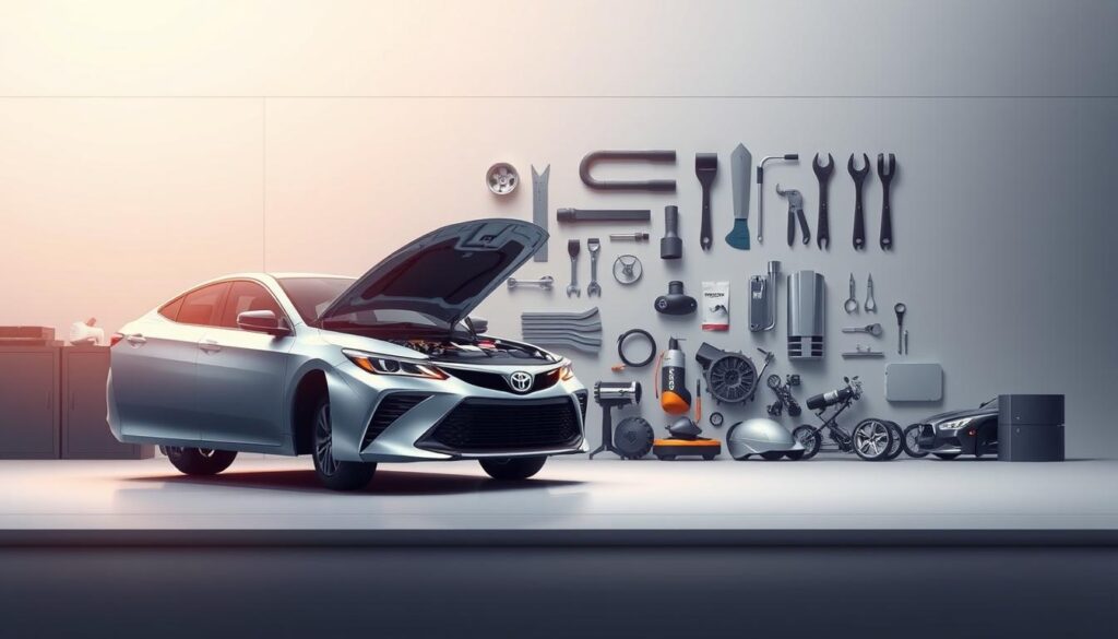 A modern, minimalist illustration showcasing the use of Toyota Visa points for car maintenance and parts. In the foreground, a sleek, silver Toyota sedan sits, its engine visible and glowing with a warm, technical light. The middle ground features an array of car parts and tools, neatly arranged and rendered in a crisp, technical style. In the background, a clean, minimalist environment with subtle gradients and geometric patterns, creating a sense of sophistication and technology. The lighting is warm and directional, highlighting the key elements and creating a sense of depth and dimension. The overall composition is balanced and visually appealing, conveying the efficient and practical use of rewards points for essential car services and components.