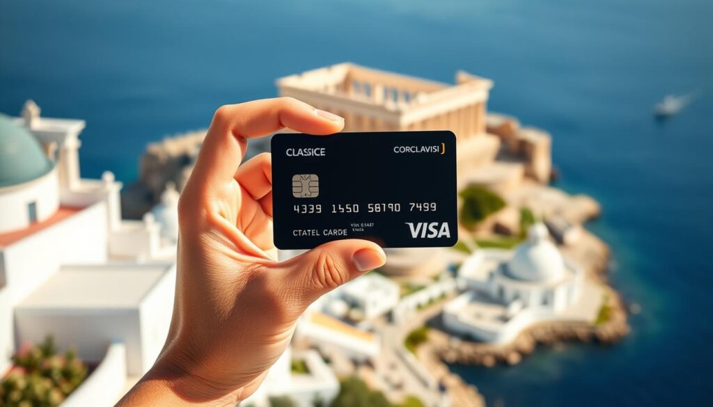 A modern, sleek Visa Classic credit card against a background of Greek landmarks and architecture. The card is held in the center, with the Visa logo prominently displayed. In the foreground, a hand gestures towards the card, drawing the viewer's attention. The background features iconic Greek structures like the Parthenon, white-washed buildings, and the deep blue of the Mediterranean Sea. The scene is bathed in warm, natural lighting, creating a sense of sophistication and everyday usefulness. The overall mood is one of simplicity, reliability, and the quintessential Greek lifestyle.