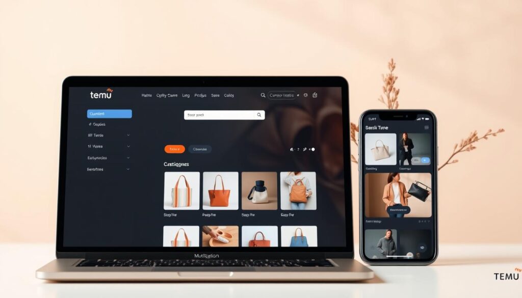 A modern, sleek, and user-friendly interface with clean lines, intuitive navigation, and a visually appealing layout. The foreground features a minimalist design with subtle color accents, seamlessly blending functionality and aesthetics. The middle ground showcases a series of product images, highlighting the affordable luxury goods available on the Temu platform. The background sets a warm, inviting atmosphere with soft lighting and a slightly blurred, natural backdrop, creating a sense of approachability and accessibility. The overall composition conveys a harmonious and inviting digital shopping experience, reflecting the ease and affordability of the Temu platform. A modern, sleek, and user-friendly interface with clean lines, intuitive navigation, and a visually appealing layout. The foreground features a minimalist design with subtle color accents, seamlessly blending functionality and aesthetics. The middle ground showcases a series of product images, highlighting the affordable luxury goods available on the Temu platform. The background sets a warm, inviting atmosphere with soft lighting and a slightly blurred, natural backdrop, creating a sense of approachability and accessibility. The overall composition conveys a harmonious and inviting digital shopping experience, reflecting the ease and affordability of the Temu platform.