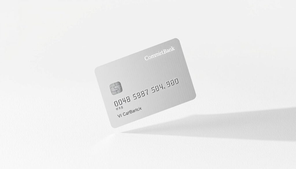 A modern, stylish credit card with a minimalist design, floating against a clean, white backdrop. The card is positioned at a slight angle, showcasing its sleek, metallic finish and the CommBank logo. Soft, directional lighting illuminates the card, creating a sense of depth and highlighting its elegant details. The background is subtly textured, adding depth and visual interest without distracting from the focal point. The overall mood is one of simplicity, sophistication, and the effortless convenience of the CommBank Neo Card.