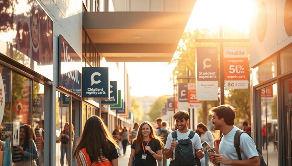 A modern university campus with a student shopping district, showcasing an array of storefront signs advertising discounts and student deals. The scene is bathed in warm, golden afternoon light, creating a vibrant, inviting atmosphere. In the foreground, a group of students excitedly browse the shop windows, their university ID cards in hand. The middle ground features various businesses offering student-exclusive promotions, their logos and offers prominently displayed. In the background, the campus architecture frames the scene, hinting at the academic environment. The overall composition conveys a sense of the privileges and cost-saving opportunities available to university students through their campus cards. A modern university campus with a student shopping district, showcasing an array of storefront signs advertising discounts and student deals. The scene is bathed in warm, golden afternoon light, creating a vibrant, inviting atmosphere. In the foreground, a group of students excitedly browse the shop windows, their university ID cards in hand. The middle ground features various businesses offering student-exclusive promotions, their logos and offers prominently displayed. In the background, the campus architecture frames the scene, hinting at the academic environment. The overall composition conveys a sense of the privileges and cost-saving opportunities available to university students through their campus cards.