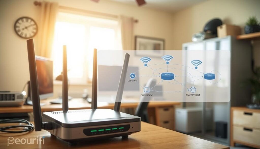 A modern, well-lit home office with a desk, computer, and various networking equipment. In the foreground, a Wi-Fi router is prominently displayed, its antennas extended to maximize coverage. The middle ground features a detailed schematic diagram outlining optimal Wi-Fi access point placement to ensure seamless connectivity throughout the room. The background showcases a window with natural daylight streaming in, creating a warm, productive atmosphere. The scene conveys a sense of efficiency and technological sophistication, perfectly complementing the "Optimizing Your Wi-Fi Setup for Better Coverage and Speed" section of the article. A modern, well-lit home office with a desk, computer, and various networking equipment. In the foreground, a Wi-Fi router is prominently displayed, its antennas extended to maximize coverage. The middle ground features a detailed schematic diagram outlining optimal Wi-Fi access point placement to ensure seamless connectivity throughout the room. The background showcases a window with natural daylight streaming in, creating a warm, productive atmosphere. The scene conveys a sense of efficiency and technological sophistication, perfectly complementing the "Optimizing Your Wi-Fi Setup for Better Coverage and Speed" section of the article.