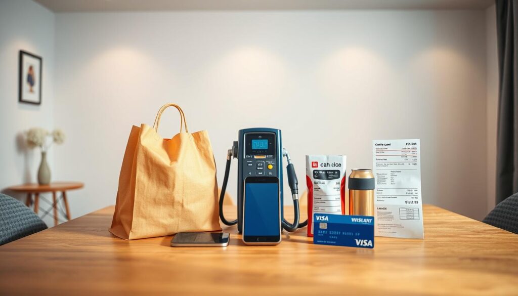 A modern, well-lit interior setting with a dining table in the foreground. On the table, various everyday household items are arranged to showcase different cashback opportunities - a grocery bag, a gas pump, a smartphone, a utility bill, and a credit card. The items are positioned in a visually appealing, symmetrical layout, illuminated by soft, directional lighting that casts subtle shadows. The background features a minimalist, contemporary decor with neutral tones, creating a clean, uncluttered atmosphere that allows the cashback examples to take center stage. The overall scene conveys a sense of everyday financial savvy and the practical benefits of a rewards credit card. A modern, well-lit interior setting with a dining table in the foreground. On the table, various everyday household items are arranged to showcase different cashback opportunities - a grocery bag, a gas pump, a smartphone, a utility bill, and a credit card. The items are positioned in a visually appealing, symmetrical layout, illuminated by soft, directional lighting that casts subtle shadows. The background features a minimalist, contemporary decor with neutral tones, creating a clean, uncluttered atmosphere that allows the cashback examples to take center stage. The overall scene conveys a sense of everyday financial savvy and the practical benefits of a rewards credit card.