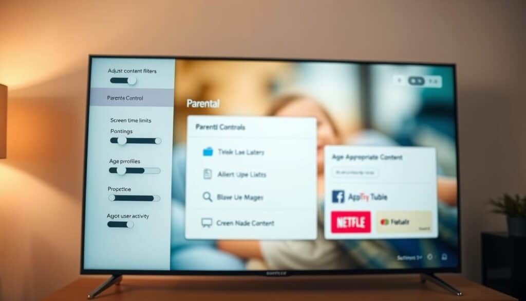 A neatly arranged smart TV interface displays parental control settings. In the foreground, intuitive toggles and sliders allow adjusting content filters, screen time limits, and age-appropriate content. The middle ground showcases easy-to-navigate menus for managing user profiles and monitoring activity. In the background, a softly blurred home screen provides a calming, domestic atmosphere, subtly implying the comfort and security of a well-configured smart TV system. Warm, indirect lighting casts a gentle glow, conveying a sense of trustworthiness and control. The overall scene evokes a streamlined, user-friendly experience for setting up comprehensive parental oversight on a modern connected television. A neatly arranged smart TV interface displays parental control settings. In the foreground, intuitive toggles and sliders allow adjusting content filters, screen time limits, and age-appropriate content. The middle ground showcases easy-to-navigate menus for managing user profiles and monitoring activity. In the background, a softly blurred home screen provides a calming, domestic atmosphere, subtly implying the comfort and security of a well-configured smart TV system. Warm, indirect lighting casts a gentle glow, conveying a sense of trustworthiness and control. The overall scene evokes a streamlined, user-friendly experience for setting up comprehensive parental oversight on a modern connected television.