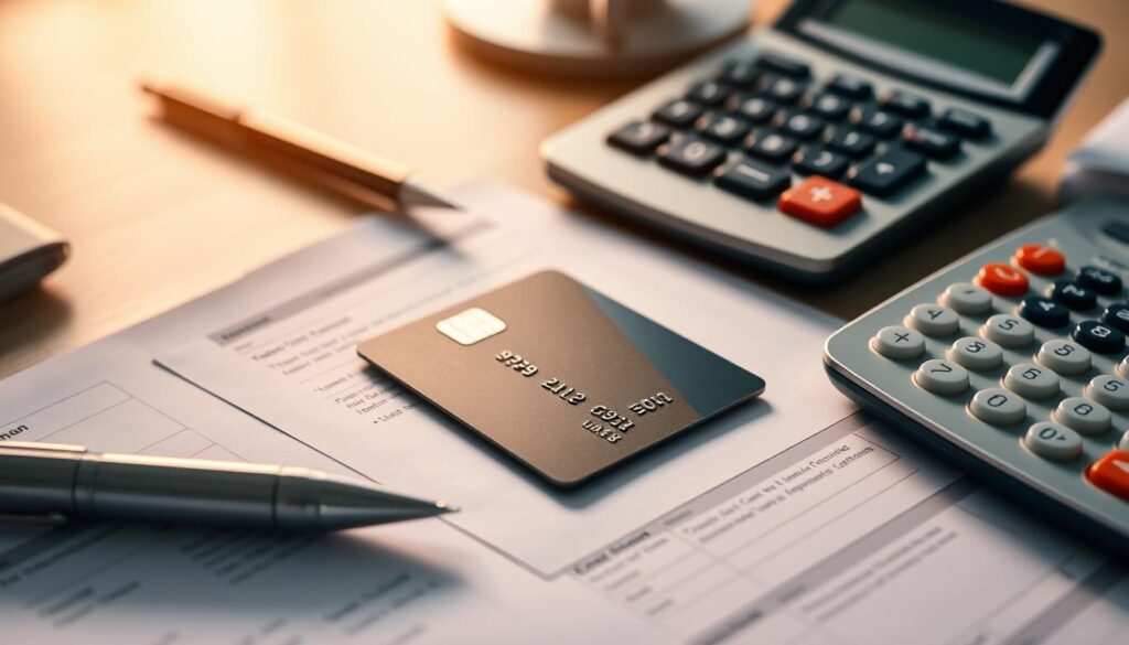 A neatly organized desk with a credit card, a pen, and a calculator. The scene is bathed in soft, warm lighting, creating a focused, productive atmosphere. The credit card is the central focus, sitting atop financial documents and surrounded by a crisp, clean workspace. The angle is slightly elevated, giving a sense of intentionality and purpose to the scene. The overall mood is one of financial responsibility and diligence in managing personal finances. A neatly organized desk with a credit card, a pen, and a calculator. The scene is bathed in soft, warm lighting, creating a focused, productive atmosphere. The credit card is the central focus, sitting atop financial documents and surrounded by a crisp, clean workspace. The angle is slightly elevated, giving a sense of intentionality and purpose to the scene. The overall mood is one of financial responsibility and diligence in managing personal finances.