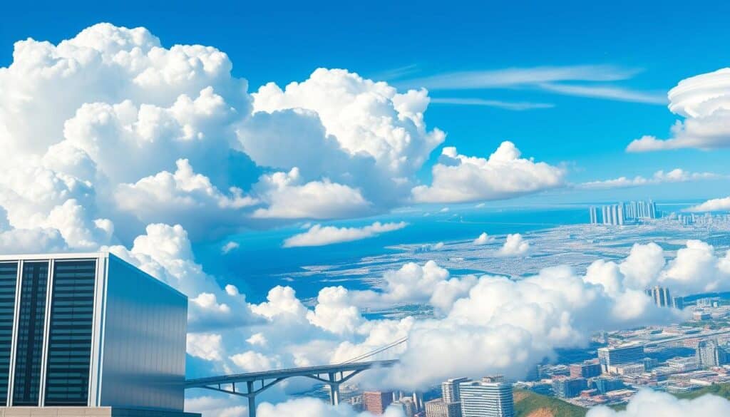 A panoramic illustration of cloud deployment models, featuring a vibrant, cloud-filled sky. In the foreground, a sleek, modern data center represents the private cloud, its clean lines and bold architecture contrasting with the billowing white clouds above. To the side, a bustling city skyline symbolizes the public cloud, its skyscrapers and infrastructure seamlessly blending with the natural environment. In the middle ground, a bridge connecting the private and public clouds depicts the hybrid cloud model, its graceful arches and gleaming surfaces mirroring the interplay of the different cloud environments. In the distance, a sprawling network of interconnected data centers and cloud services illustrates the multi-cloud approach, its complexity and interconnectivity captured in the intricate web of structures and connections. The overall scene conveys a sense of balance, integration, and the dynamic, ever-evolving nature of cloud computing deployment models. A panoramic illustration of cloud deployment models, featuring a vibrant, cloud-filled sky. In the foreground, a sleek, modern data center represents the private cloud, its clean lines and bold architecture contrasting with the billowing white clouds above. To the side, a bustling city skyline symbolizes the public cloud, its skyscrapers and infrastructure seamlessly blending with the natural environment. In the middle ground, a bridge connecting the private and public clouds depicts the hybrid cloud model, its graceful arches and gleaming surfaces mirroring the interplay of the different cloud environments. In the distance, a sprawling network of interconnected data centers and cloud services illustrates the multi-cloud approach, its complexity and interconnectivity captured in the intricate web of structures and connections. The overall scene conveys a sense of balance, integration, and the dynamic, ever-evolving nature of cloud computing deployment models.