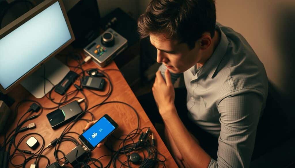 A person sitting at a desk, perplexed, staring at a smartphone with a Bluetooth connection icon blinking. The desktop is cluttered with various electronics and cables, creating a sense of frustration. The lighting is soft and warm, casting shadows that add depth to the scene. The angle is slightly elevated, giving the viewer a bird's-eye perspective, emphasizing the tangled mess of devices. The overall mood is one of confusion and technological roadblock, capturing the essence of dealing with Bluetooth pairing problems.