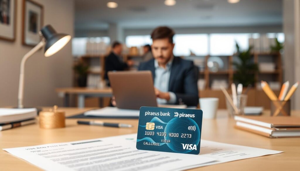A professional-looking image showcasing the process of acquiring a Piraeus Bank Visa Gold card. The scene depicts a well-lit, modern office interior with a desk, chair, and various stationery items. A person sits at the desk, working on a laptop while documents and a Visa Gold card are neatly arranged in the foreground. The image has a clean, minimalist aesthetic, with warm lighting and a soft focus, creating a sense of efficiency and professionalism. The overall composition emphasizes the simplicity and ease of the card acquisition process.