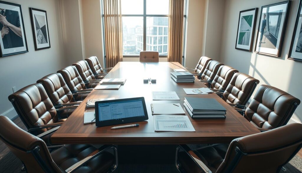 A professional, well-lit corporate office setting featuring a large wooden conference table surrounded by comfortable leather chairs. On the table, various documents, folders, and a tablet or laptop display case studies and financial data from CommBank. The walls are adorned with framed artwork and a large window provides natural lighting, casting a warm, inviting glow over the scene. The overall atmosphere conveys a sense of productivity, expertise, and trust - reflecting the real-life scenarios and case studies showcased in this section of the article.