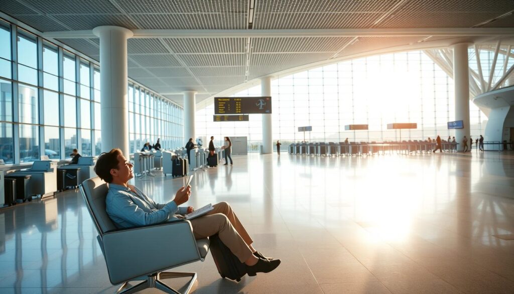 A serene airport terminal, bathed in soft, natural lighting that filters through the large windows. In the foreground, a traveler sits comfortably in an ergonomic chair, casually reviewing travel documents and a mobile device, conveying a sense of security and preparedness. The middle ground features a row of check-in counters with helpful staff, while the background showcases the iconic architecture of the terminal, with clean lines and modern design elements. The overall atmosphere is one of tranquility, efficiency, and the confidence that comes with comprehensive travel insurance coverage.