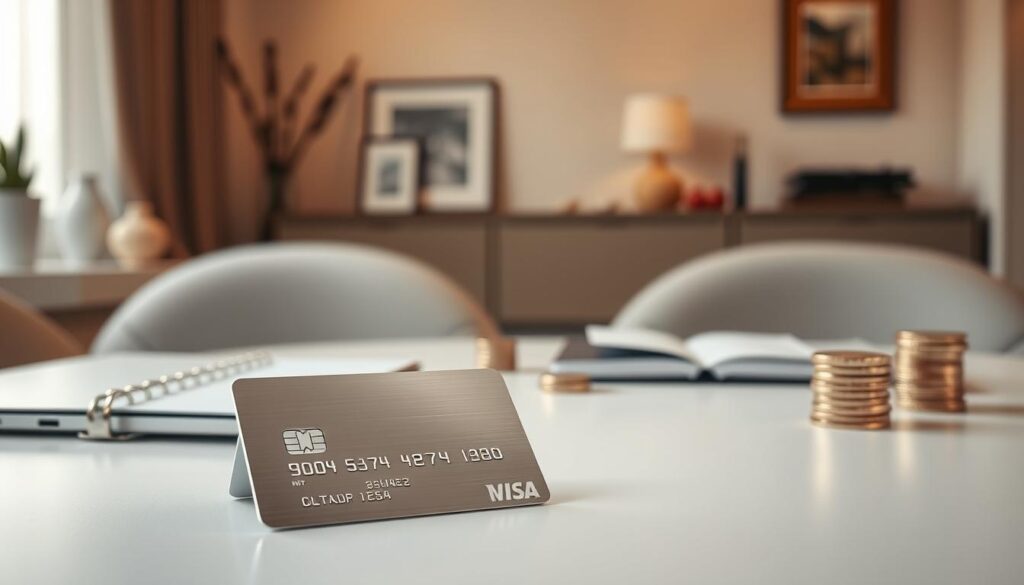 A serene and elegant scene showcasing the optimal usage of the NBG Silver credit card. In the foreground, a well-appointed table setting with a silver-trimmed card placed prominently. Warm, soft lighting illuminates the scene, casting a subtle glow on the card's surface. In the middle ground, various lifestyle items associated with savvy financial management - a sleek laptop, a meticulously organized planner, and a stylized stack of coins. The background features a muted, refined interior with tasteful decor, suggesting an atmosphere of refinement and prudent financial decision-making. The overall mood is one of sophistication, practicality, and the rewards of responsible credit card usage.