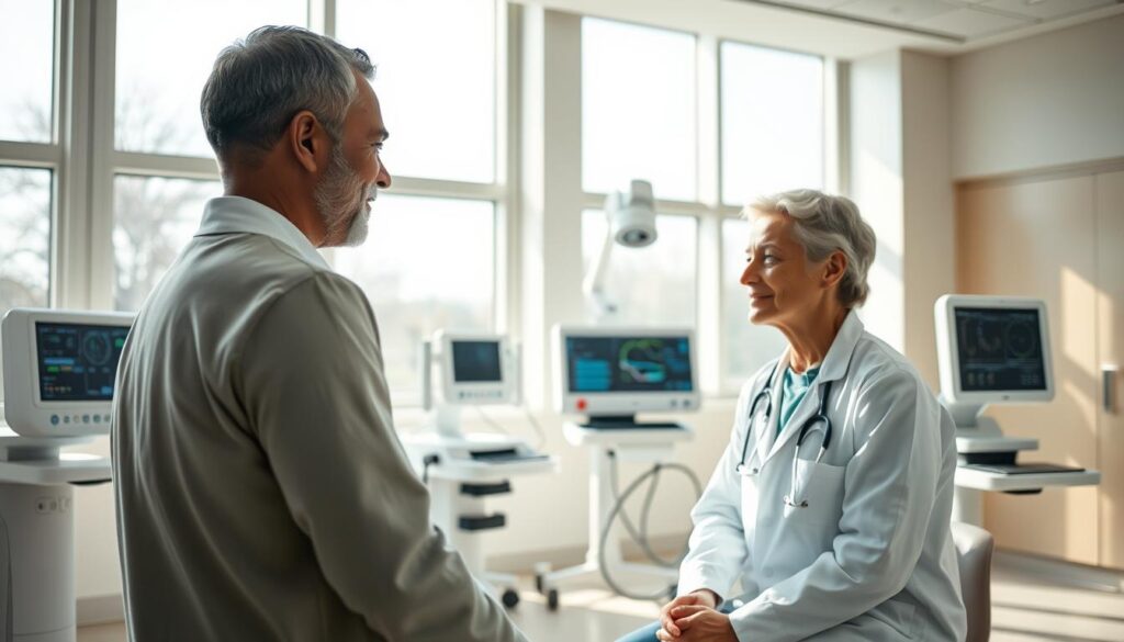 A serene and modern medical facility, flooded with natural light from large windows. In the foreground, a patient is being examined by a compassionate, AI-augmented physician, their interaction seamless and personalized. In the middle ground, various medical devices with integrated AI capabilities display real-time data and personalized insights, empowering the patient's healthcare journey. The background showcases a clean, minimalist design with muted colors, conveying a sense of calm and confidence in the advanced, yet human-centric, healthcare technology. The overall scene radiates a harmonious blend of cutting-edge AI capabilities and personalized, empathetic care, encapsulating the benefits of AI in the evolving landscape of healthcare.
