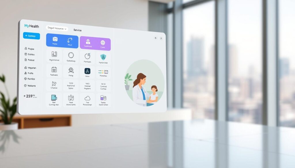 A serene and modern medical interface, showcasing the various healthcare resources and services offered by the MyHealth platform. In the foreground, a clean and intuitive dashboard displays an array of interactive icons and buttons, representing the diverse range of medical information, appointment scheduling, and telehealth capabilities. The middle ground features a stylized illustration of a doctor and patient in a warm, inviting consultation setting, emphasizing the personalized care and guidance available. The background depicts a softly blurred cityscape, hinting at the platform's wide-reaching accessibility and integration within the larger healthcare ecosystem. Soft, natural lighting casts a calming glow over the entire scene, instilling a sense of trust and professionalism in the MyHealth experience. A serene and modern medical interface, showcasing the various healthcare resources and services offered by the MyHealth platform. In the foreground, a clean and intuitive dashboard displays an array of interactive icons and buttons, representing the diverse range of medical information, appointment scheduling, and telehealth capabilities. The middle ground features a stylized illustration of a doctor and patient in a warm, inviting consultation setting, emphasizing the personalized care and guidance available. The background depicts a softly blurred cityscape, hinting at the platform's wide-reaching accessibility and integration within the larger healthcare ecosystem. Soft, natural lighting casts a calming glow over the entire scene, instilling a sense of trust and professionalism in the MyHealth experience.
