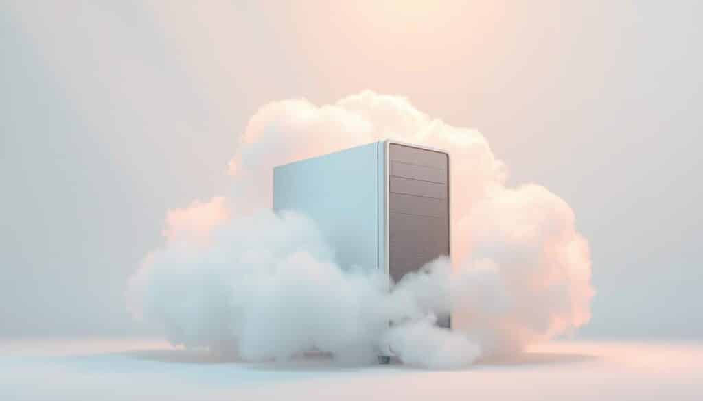 A serene cloud-like formation in soft pastel hues, gently enveloping a sleek, minimalist computer tower, symbolizing the effortless integration of on-premise computing power with the vast resources of the cloud. Rays of warm, diffuse light filter through the translucent "cloud," highlighting the harmonious coexistence of local and remote processing. The scene conveys a sense of efficiency, scalability, and the seamless accessibility that defines the advantages of cloud computing. A serene cloud-like formation in soft pastel hues, gently enveloping a sleek, minimalist computer tower, symbolizing the effortless integration of on-premise computing power with the vast resources of the cloud. Rays of warm, diffuse light filter through the translucent "cloud," highlighting the harmonious coexistence of local and remote processing. The scene conveys a sense of efficiency, scalability, and the seamless accessibility that defines the advantages of cloud computing.