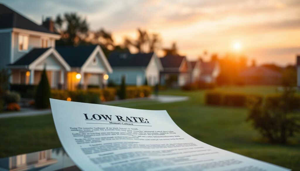 A serene financial landscape with a low-rate home loan contract as the focal point, illuminated by warm ambient lighting. In the background, a tranquil suburban scene with neatly kept houses and lush greenery. The contract is displayed prominently, its details legible yet not overpowering the composition. A sense of comfort and stability radiates from the scene, inviting the viewer to consider the benefits of a low-rate financial solution.