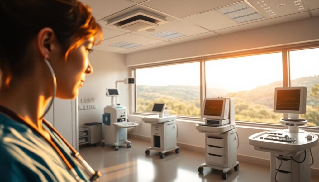 A serene medical facility, bathed in warm, natural lighting. In the foreground, a nurse intently monitors a patient's vitals on a sleek, touchscreen display. The middle ground features cutting-edge medical equipment, neatly organized, suggesting the integration of advanced technology into healthcare. In the background, a panoramic window offers a calming view of a lush, verdant landscape, symbolizing the harmony between nature and modern medicine. The atmosphere is one of professionalism, innovation, and a dedication to patient well-being. This image conveys the central role of technology in delivering compassionate, high-quality healthcare.