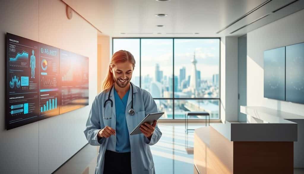 A serene, modern medical office bathed in natural light, showcasing the benefits of digital health services. In the foreground, a healthcare professional consults with a patient on a tablet, their faces illuminated by a warm glow. Behind them, displays depict various medical data visualizations, highlighting the wealth of information accessible through digital platforms. The middle ground features a sleek, minimalist reception area, where patients can seamlessly check in and access virtual care options. The background opens up to a panoramic view of a bustling city skyline, symbolizing the ubiquity and accessibility of these transformative digital health solutions.