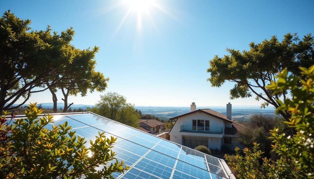 A serene, sun-dappled scene depicting energy-efficient home solutions. In the foreground, solar panels glisten on a sleek, modern rooftop, harnessing renewable power. Lush trees and shrubs frame the scene, conveying a sense of harmony between technology and nature. The middle ground showcases a well-insulated, energy-efficient home, its crisp lines and large windows suggesting a design that maximizes natural light and minimizes heat loss. In the background, a tranquil landscape unfolds, with rolling hills and a clear blue sky, evoking a peaceful, sustainable lifestyle. The overall composition exudes a sense of balance, efficiency, and environmental consciousness, embodying the principles of green energy use.