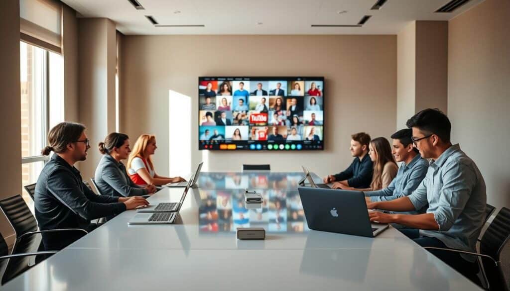 A serene, well-lit conference room, bathed in soft, natural light from large windows. In the foreground, a group of YouTube moderators sits around a sleek, polished table, intently reviewing content on their laptops. Their expressions convey a thoughtful, diligent focus as they work to maintain the platform's safety and integrity. In the middle ground, a large display screen shows a montage of diverse user-generated videos, representing the vibrant, inclusive community of YouTube. The background features muted, neutral-toned walls, suggesting a professional, yet welcoming atmosphere conducive to constructive dialogue and community-building. A serene, well-lit conference room, bathed in soft, natural light from large windows. In the foreground, a group of YouTube moderators sits around a sleek, polished table, intently reviewing content on their laptops. Their expressions convey a thoughtful, diligent focus as they work to maintain the platform's safety and integrity. In the middle ground, a large display screen shows a montage of diverse user-generated videos, representing the vibrant, inclusive community of YouTube. The background features muted, neutral-toned walls, suggesting a professional, yet welcoming atmosphere conducive to constructive dialogue and community-building.