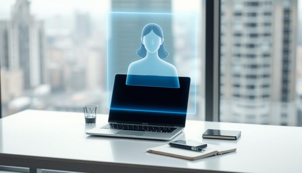 A serene workspace with a holographic ChatGPT AI assistant floating above a sleek, minimal desk. The assistant appears as a translucent, ethereal figure, casting a soft, ambient glow over the scene. The desk is clean and uncluttered, with a laptop, a pen, and a notebook arranged neatly. The background is a blurred, out-of-focus cityscape, hinting at the synergy between human and AI collaboration. The overall mood is one of focus, productivity, and effortless cooperation. A serene workspace with a holographic ChatGPT AI assistant floating above a sleek, minimal desk. The assistant appears as a translucent, ethereal figure, casting a soft, ambient glow over the scene. The desk is clean and uncluttered, with a laptop, a pen, and a notebook arranged neatly. The background is a blurred, out-of-focus cityscape, hinting at the synergy between human and AI collaboration. The overall mood is one of focus, productivity, and effortless cooperation.