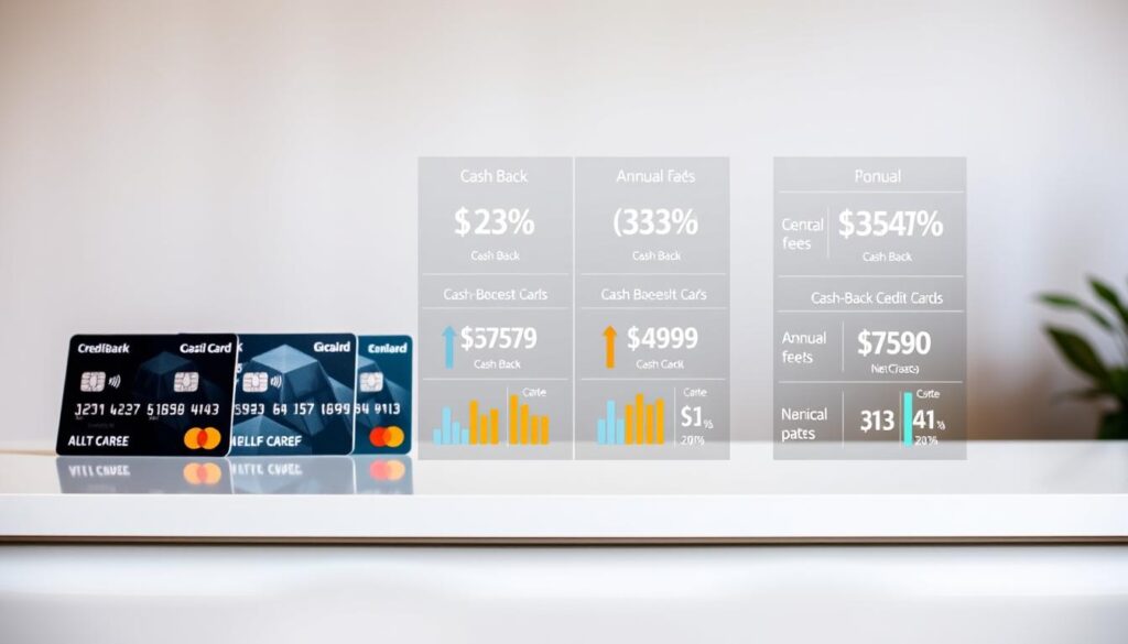 A sleek and modern comparison of cash-back credit cards on a clean, minimalist table surface. In the foreground, several credit cards are displayed side-by-side, showcasing their designs and key features. The middle ground features detailed infographics and charts highlighting the different cash-back rates, annual fees, and other relevant metrics for each card. The background is a soft, blurred gradient, creating a sense of depth and focus on the financial information. The lighting is bright and even, with a slightly warm tone, giving the image a professional and trustworthy feel. The overall composition is well-balanced, directing the viewer's attention to the essential details needed to compare the cash-back credit card options.