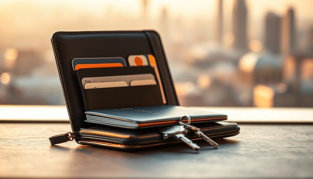 A sleek and modern travel wallet sits open, revealing a stack of credit cards, a passport, and a set of keys. The lighting is soft and warm, casting a gentle glow on the scene. In the background, a blurred cityscape with iconic landmarks hints at the journey ahead. The composition emphasizes the organized and protected nature of the travel essentials, conveying a sense of security and preparedness for the adventurous traveler. The overall mood is one of sophistication, efficiency, and the excitement of exploration. A sleek and modern travel wallet sits open, revealing a stack of credit cards, a passport, and a set of keys. The lighting is soft and warm, casting a gentle glow on the scene. In the background, a blurred cityscape with iconic landmarks hints at the journey ahead. The composition emphasizes the organized and protected nature of the travel essentials, conveying a sense of security and preparedness for the adventurous traveler. The overall mood is one of sophistication, efficiency, and the excitement of exploration.