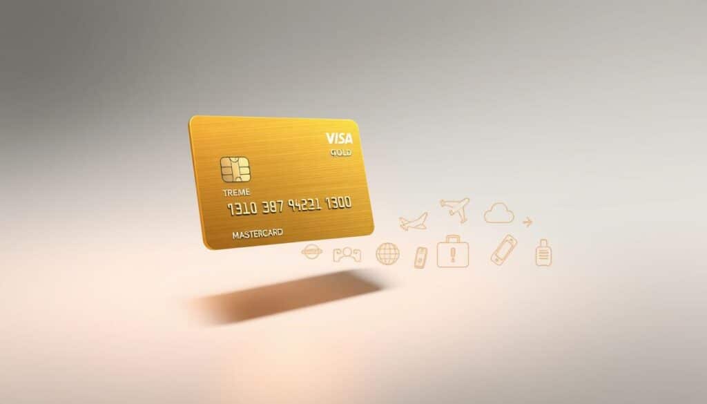 A sleek and stylish Mastercard Gold credit card, meticulously detailed, floating against a clean, minimalist background. The card is illuminated by a warm, directional light, highlighting its glossy, reflective surface and the iconic Mastercard logo. In the foreground, a subtle shadow cast by the card adds depth and dimensionality. The mid-ground showcases various travel-related icons and symbols, such as a passport, a boarding pass, and a luggage tag, symbolizing the card's comprehensive travel benefits and insurance coverage. The background features a soft, ethereal gradient, conveying a sense of security and luxury associated with the Mastercard Gold product. The overall composition is elegant, sophisticated, and visually captivating, perfectly reflecting the comparative advantages of the Mastercard Gold travel insurance.
