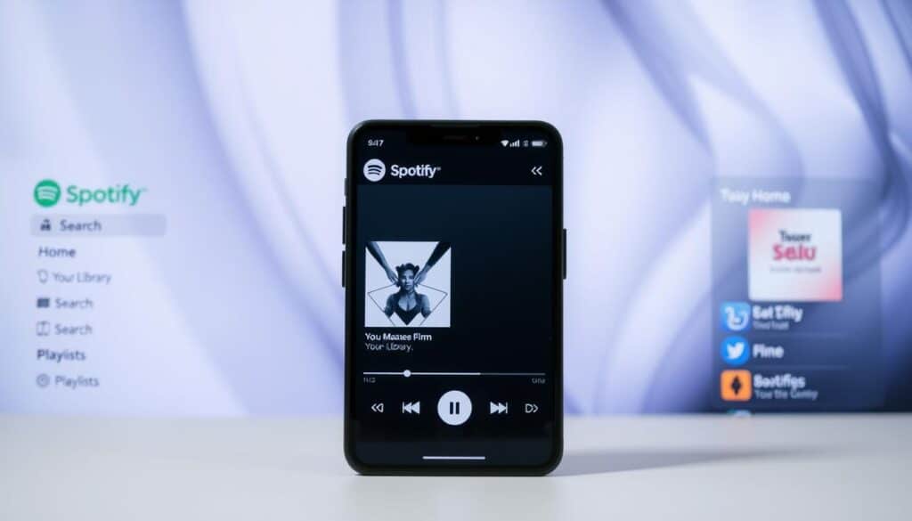 A sleek, modern Spotify interface with a clean, minimalist design. In the foreground, the main dashboard displays album art, song titles, and playback controls. The middle ground showcases the left-side menu with categories like "Home," "Search," "Your Library," and "Playlists." The background features a subtle gradient or blurred wallpaper, creating a sense of depth and focus on the interface elements. The lighting is soft and evenly distributed, highlighting the app's intuitiveness and user-friendliness. The camera angle is slightly elevated, giving a comprehensive view of the Spotify experience. A sleek, modern Spotify interface with a clean, minimalist design. In the foreground, the main dashboard displays album art, song titles, and playback controls. The middle ground showcases the left-side menu with categories like "Home," "Search," "Your Library," and "Playlists." The background features a subtle gradient or blurred wallpaper, creating a sense of depth and focus on the interface elements. The lighting is soft and evenly distributed, highlighting the app's intuitiveness and user-friendliness. The camera angle is slightly elevated, giving a comprehensive view of the Spotify experience.