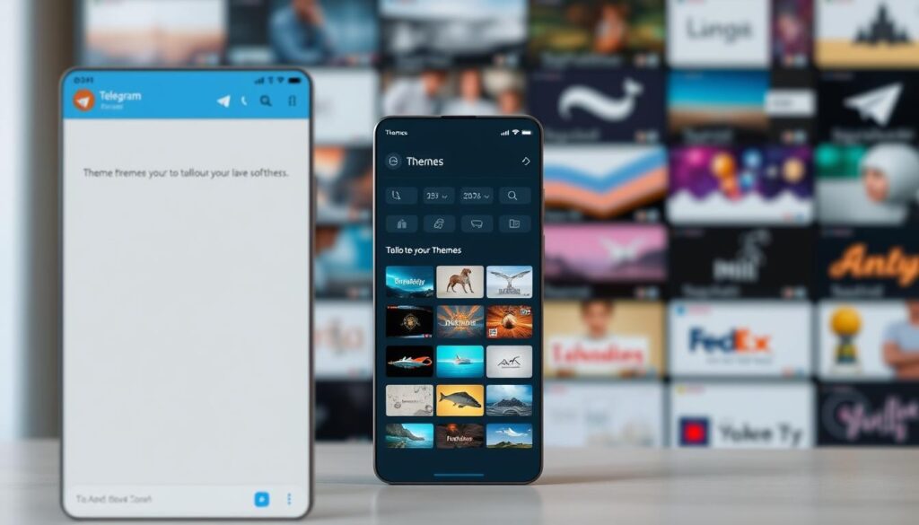 A sleek, modern Telegram messaging interface with customizable themes showcasing various color palettes, icons, and UI elements. The foreground features a chat window with an elegant, minimalist design, highlighting the ability to personalize the app's appearance. The middle ground depicts a settings menu displaying theme options, allowing the user to tailor the Telegram experience to their preferences. In the background, a blurred grid of different theme previews conveys the wide range of customization possibilities, creating a sense of visual harmony and attention to detail. The overall mood is one of sophistication, control, and the empowerment of individual expression within a secure messaging platform. A sleek, modern Telegram messaging interface with customizable themes showcasing various color palettes, icons, and UI elements. The foreground features a chat window with an elegant, minimalist design, highlighting the ability to personalize the app's appearance. The middle ground depicts a settings menu displaying theme options, allowing the user to tailor the Telegram experience to their preferences. In the background, a blurred grid of different theme previews conveys the wide range of customization possibilities, creating a sense of visual harmony and attention to detail. The overall mood is one of sophistication, control, and the empowerment of individual expression within a secure messaging platform.