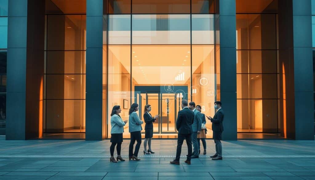 A sleek, modern bank building with a minimalist facade, made of glass and steel. The entrance is flanked by tall, elegant columns, casting long shadows across the paved walkway. The interior is bright and airy, with clean lines and a warm, inviting color palette. A holographic display showcases various financial services, reflecting the bank's innovative approach. In the foreground, a group of well-dressed professionals engage in discussions, their body language conveying a sense of collaboration and trust. The overall atmosphere exudes a blend of professionalism, technology, and a forward-thinking financial institution. A sleek, modern bank building with a minimalist facade, made of glass and steel. The entrance is flanked by tall, elegant columns, casting long shadows across the paved walkway. The interior is bright and airy, with clean lines and a warm, inviting color palette. A holographic display showcases various financial services, reflecting the bank's innovative approach. In the foreground, a group of well-dressed professionals engage in discussions, their body language conveying a sense of collaboration and trust. The overall atmosphere exudes a blend of professionalism, technology, and a forward-thinking financial institution.