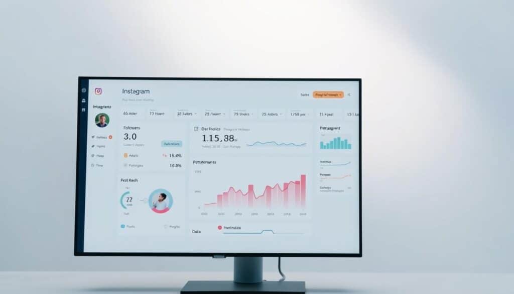 A sleek, modern dashboard displaying key Instagram metrics on a high-resolution screen. In the foreground, a clean interface showcases performance data such as follower growth, engagement rates, and post reach. The middle ground features detailed analytics charts and graphs, providing a visual representation of content performance over time. The background subtly depicts an abstract, minimalist pattern, complementing the overall digital aesthetic. Soft lighting and a muted color palette create a professional, data-driven atmosphere, perfectly suited to illustrate the "Analytics and Performance" section of the article. A sleek, modern dashboard displaying key Instagram metrics on a high-resolution screen. In the foreground, a clean interface showcases performance data such as follower growth, engagement rates, and post reach. The middle ground features detailed analytics charts and graphs, providing a visual representation of content performance over time. The background subtly depicts an abstract, minimalist pattern, complementing the overall digital aesthetic. Soft lighting and a muted color palette create a professional, data-driven atmosphere, perfectly suited to illustrate the "Analytics and Performance" section of the article.