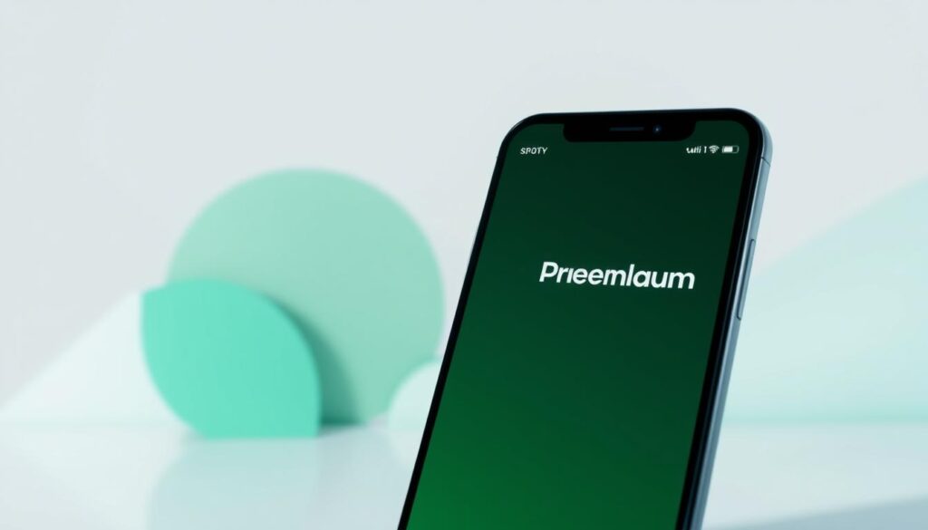 A sleek, modern illustration of the Spotify Premium service. In the foreground, a close-up view of a smartphone or tablet screen displaying the Spotify Premium interface, with its distinct green accents and clean, minimalist design. The middle ground features a minimalist, geometric background, with subtle gradients and abstract shapes in complementary shades of green and grey, creating a sense of depth and visual interest. The background is softly blurred, placing the focus on the central device and the Premium branding. The overall mood is one of sophistication, technology, and the premium experience that Spotify Premium offers. A sleek, modern illustration of the Spotify Premium service. In the foreground, a close-up view of a smartphone or tablet screen displaying the Spotify Premium interface, with its distinct green accents and clean, minimalist design. The middle ground features a minimalist, geometric background, with subtle gradients and abstract shapes in complementary shades of green and grey, creating a sense of depth and visual interest. The background is softly blurred, placing the focus on the central device and the Premium branding. The overall mood is one of sophistication, technology, and the premium experience that Spotify Premium offers.