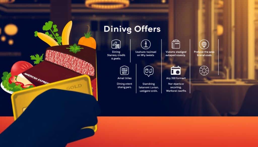 A sleek, modern illustration showcasing Amex Offers dining credits. In the foreground, a stylish American Express Gold Card casts a subtle metallic shine, partially obscured by a vibrant array of delectable dining options - from a juicy steak to a fresh salad, all rendered in mouthwatering detail. The middle ground features a series of Amex Offer icons, each highlighting various dining-related perks and benefits. The background depicts a sophisticated restaurant setting, with soft, warm lighting illuminating the scene and creating a welcoming, upscale ambiance. The overall composition conveys the exclusive, premium nature of the Amex Gold Card's dining-focused rewards and statement credits. A sleek, modern illustration showcasing Amex Offers dining credits. In the foreground, a stylish American Express Gold Card casts a subtle metallic shine, partially obscured by a vibrant array of delectable dining options - from a juicy steak to a fresh salad, all rendered in mouthwatering detail. The middle ground features a series of Amex Offer icons, each highlighting various dining-related perks and benefits. The background depicts a sophisticated restaurant setting, with soft, warm lighting illuminating the scene and creating a welcoming, upscale ambiance. The overall composition conveys the exclusive, premium nature of the Amex Gold Card's dining-focused rewards and statement credits.
