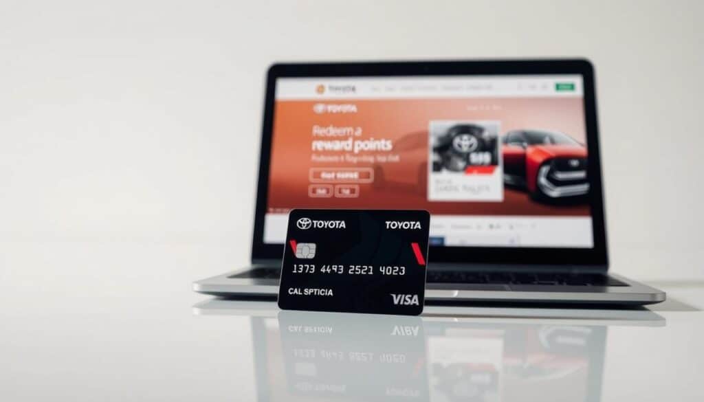 A sleek, modern image showcasing the "εξαργύρωση πόντων" process. Set in a clean, minimalist environment, the foreground features a credit card with the Toyota Visa logo prominently displayed, resting on a glossy, reflective surface. The middle ground shows a laptop or tablet screen displaying a user interface for redeeming reward points, with clean typography and intuitive icons. The background subtly hints at the automotive theme, perhaps with a blurred view of a Toyota vehicle in the distance or a stylized graphic element alluding to the car-centric nature of the reward program. The lighting is soft and diffused, creating a sense of elegance and sophistication. The overall composition and color palette convey a sense of convenience, value, and the seamless integration of the reward program into the everyday life of the cardholder.