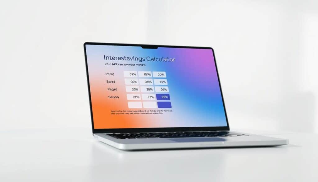 A sleek, modern interest savings calculator interface, displayed on a silver metallic laptop against a clean, minimalist background. The calculator's display shows animated calculations, vividly illustrating how the intro APR can save the user money over time. Soft, diffused lighting creates an inviting, professional atmosphere, while the angles and perspective draw the viewer's eye towards the calculator's key features. The overall design conveys a sense of financial responsibility and potential savings, reflecting the article's subject and section title. A sleek, modern interest savings calculator interface, displayed on a silver metallic laptop against a clean, minimalist background. The calculator's display shows animated calculations, vividly illustrating how the intro APR can save the user money over time. Soft, diffused lighting creates an inviting, professional atmosphere, while the angles and perspective draw the viewer's eye towards the calculator's key features. The overall design conveys a sense of financial responsibility and potential savings, reflecting the article's subject and section title.