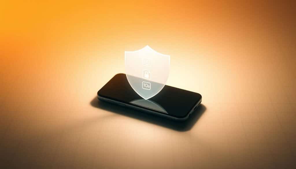 A sleek smartphone device surrounded by a translucent privacy shield, casting a soft glow in a minimalist, high-contrast environment. The shield represents the user's control over their personal data, with subtle icons depicting various mobile app permissions. The background features a subtle grid pattern, symbolizing the digital landscape. Warm lighting from the side illuminates the scene, creating depth and emphasizing the central focus on the protected device. The overall mood is one of technological sophistication and personal empowerment.