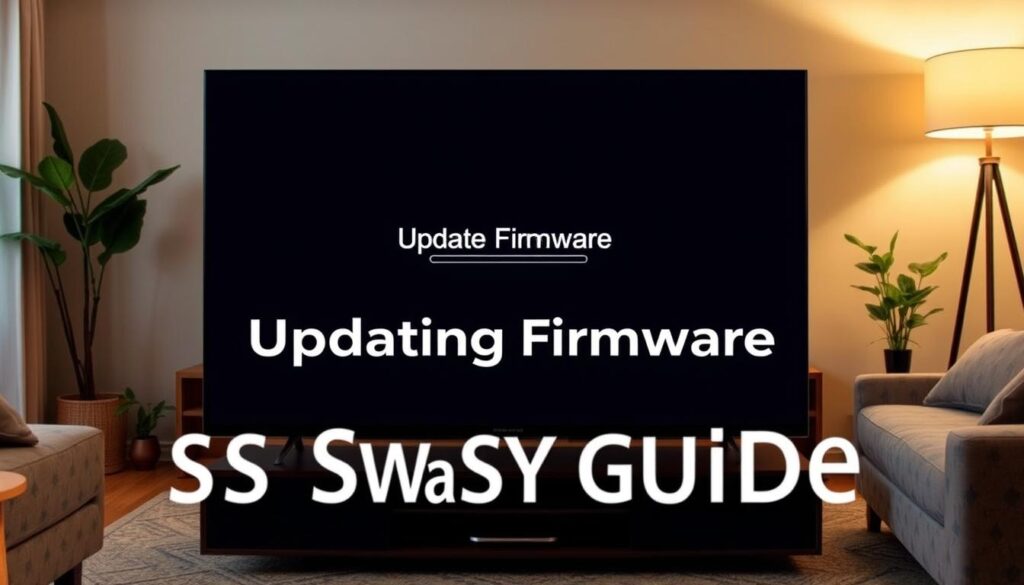 A smart TV with a sleek, minimalist design stands prominently in a cozy living room. The TV's screen displays a progress bar and the words "Updating Firmware" against a backdrop of a serene, neutral-toned interior. Soft, warm lighting illuminates the scene, creating a sense of calm and focus. The overall composition emphasizes the importance of the firmware update process, inviting the viewer to engage with the easy guide for updating their smart devices. A smart TV with a sleek, minimalist design stands prominently in a cozy living room. The TV's screen displays a progress bar and the words "Updating Firmware" against a backdrop of a serene, neutral-toned interior. Soft, warm lighting illuminates the scene, creating a sense of calm and focus. The overall composition emphasizes the importance of the firmware update process, inviting the viewer to engage with the easy guide for updating their smart devices.